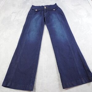 Unbranded Womens Button Front Wide Leg Jeans Sz S Blue Dark Wash Stretch Fade